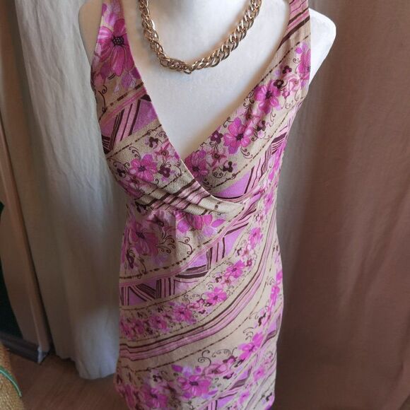 90s Crosover Neckline Midi Dress Print Graphic Pink & Tan Pastel Shift - Picture 2 of 6